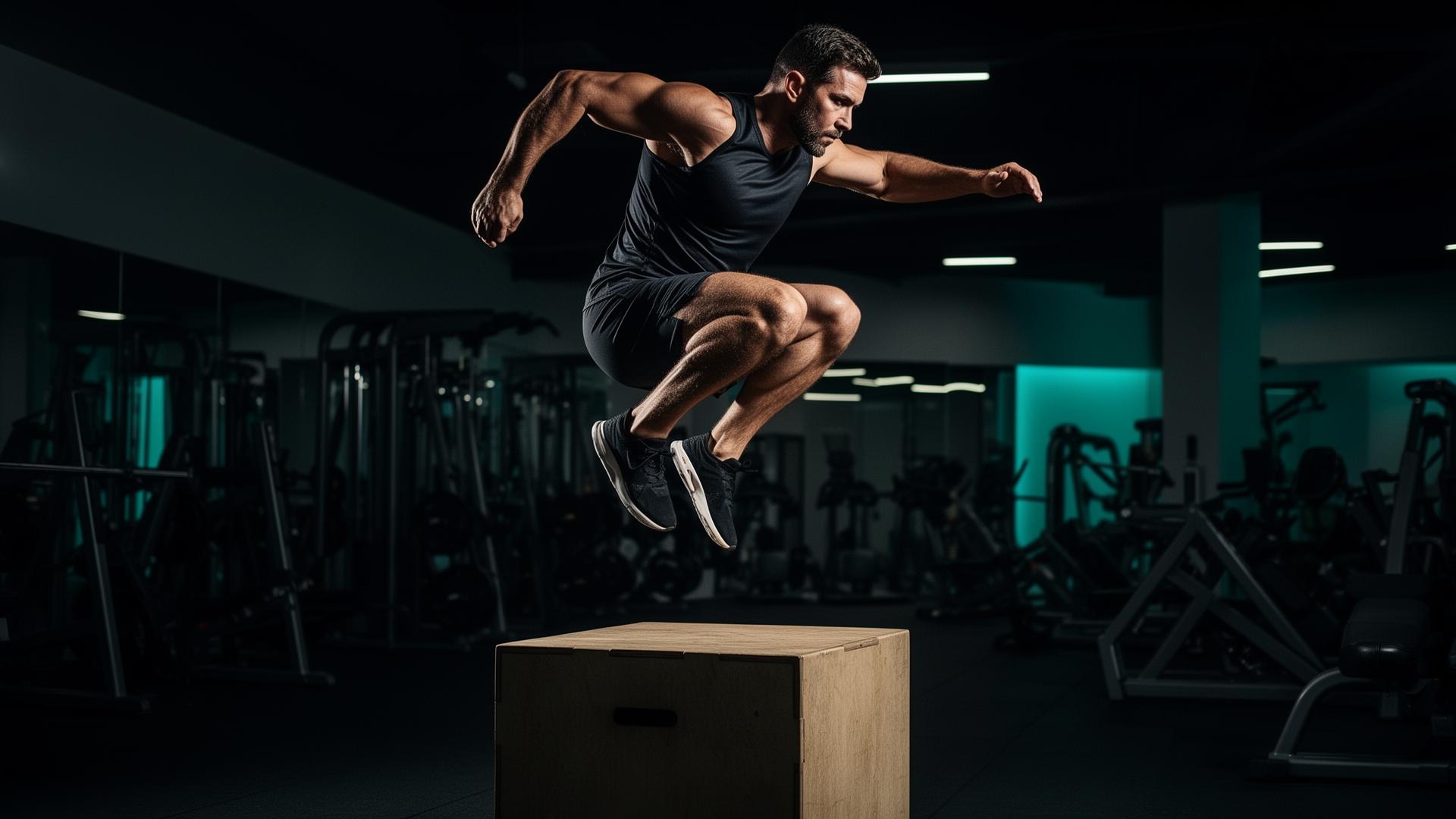 Athletic professional mid-air during an explosive box jump in a modern performance gym